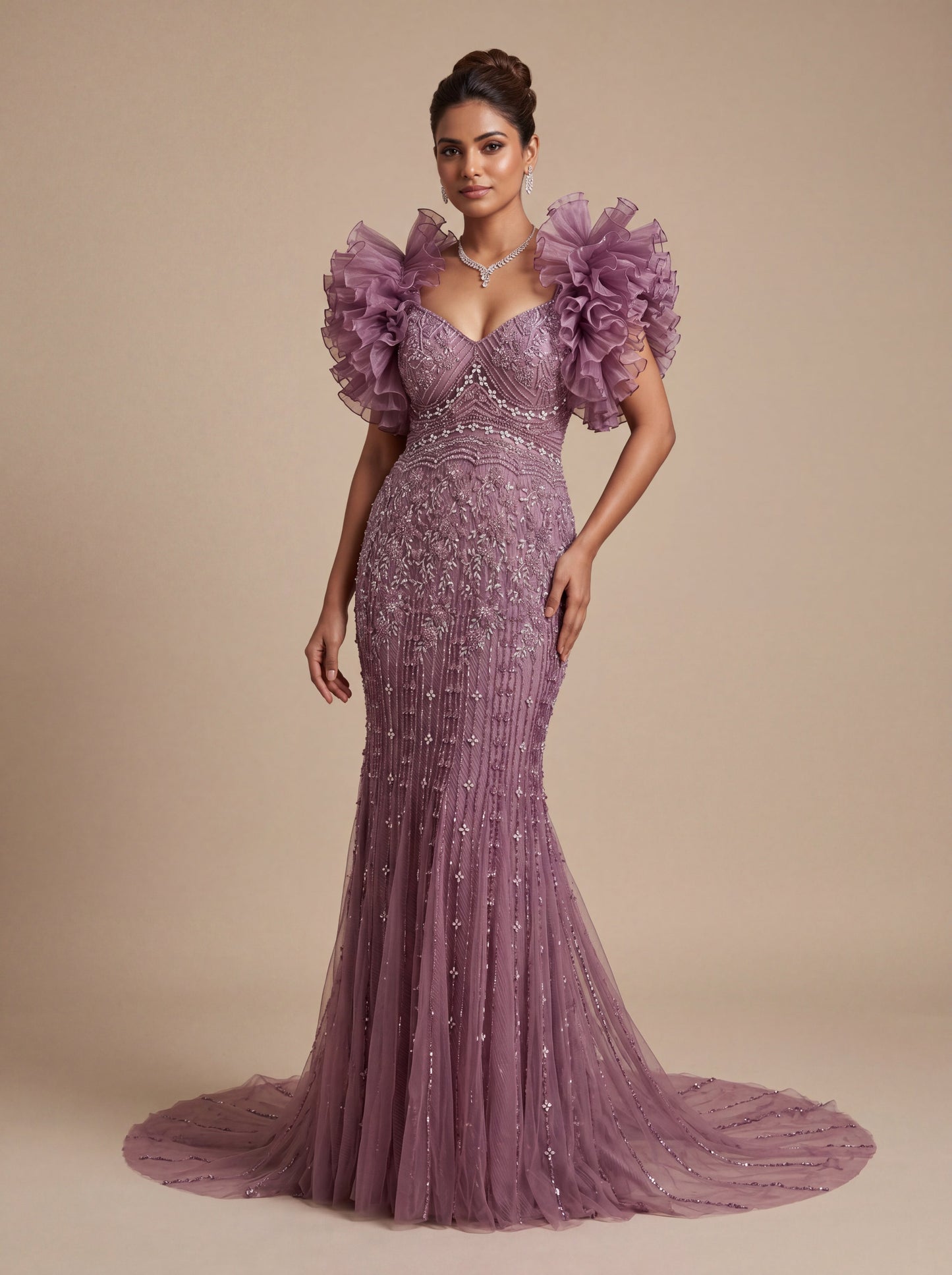 Onion Pink Contemporary Bridal Gown With Feather Neckline Mermaid Fit