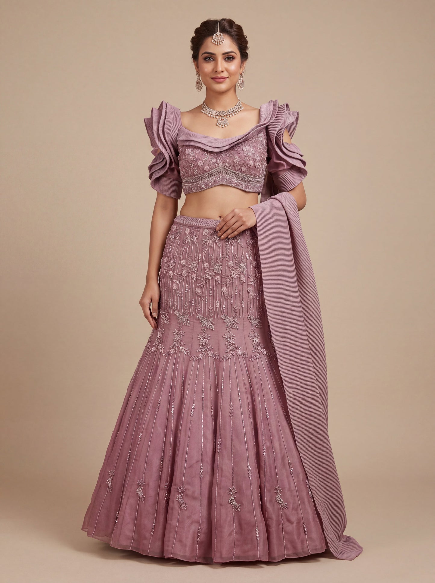 Onion Pink Contemporary Bridal Lehenga With Ruffled Layered Skirt