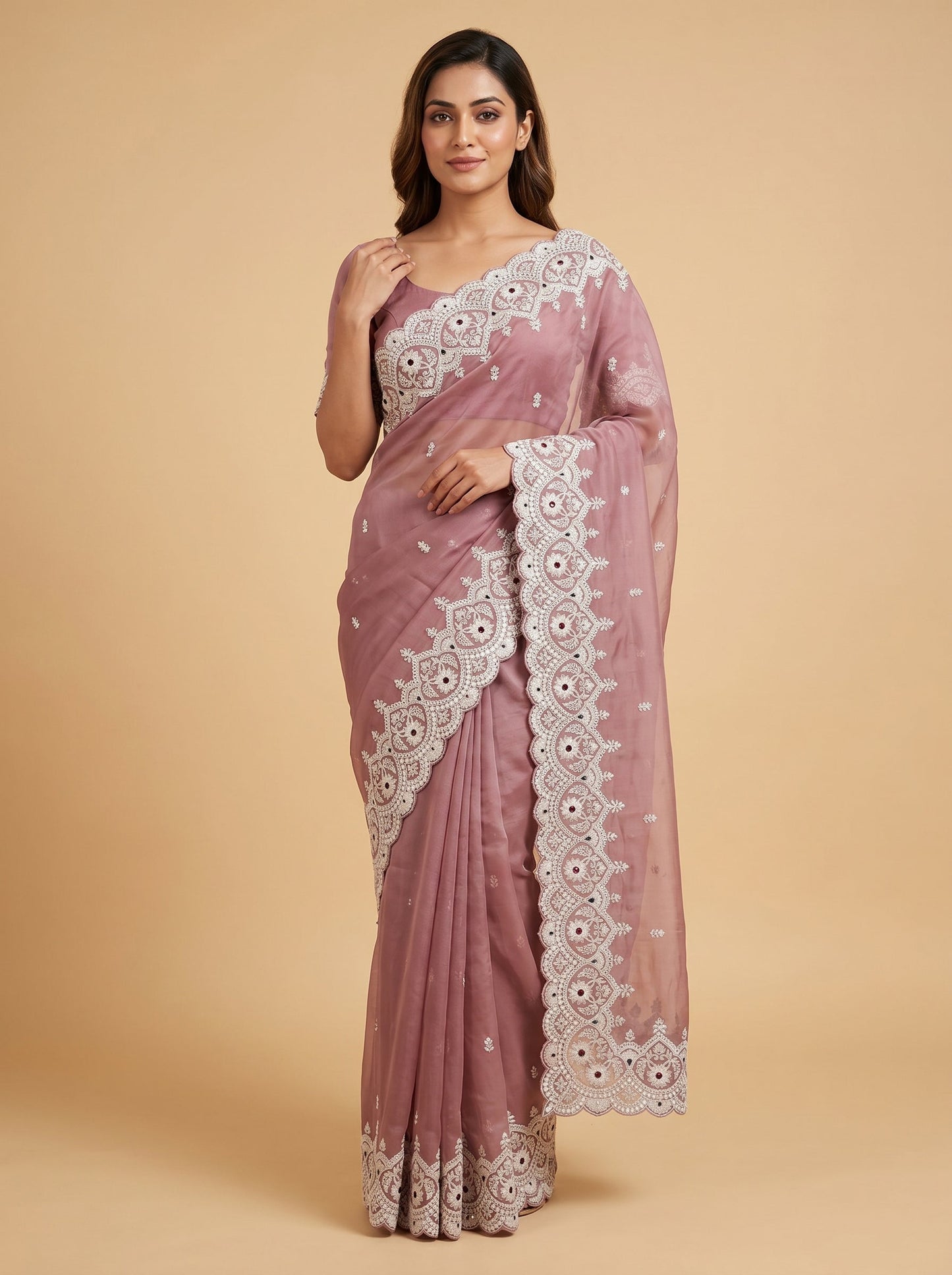 Onion Pink Dusty Rose Embroidered Saree
