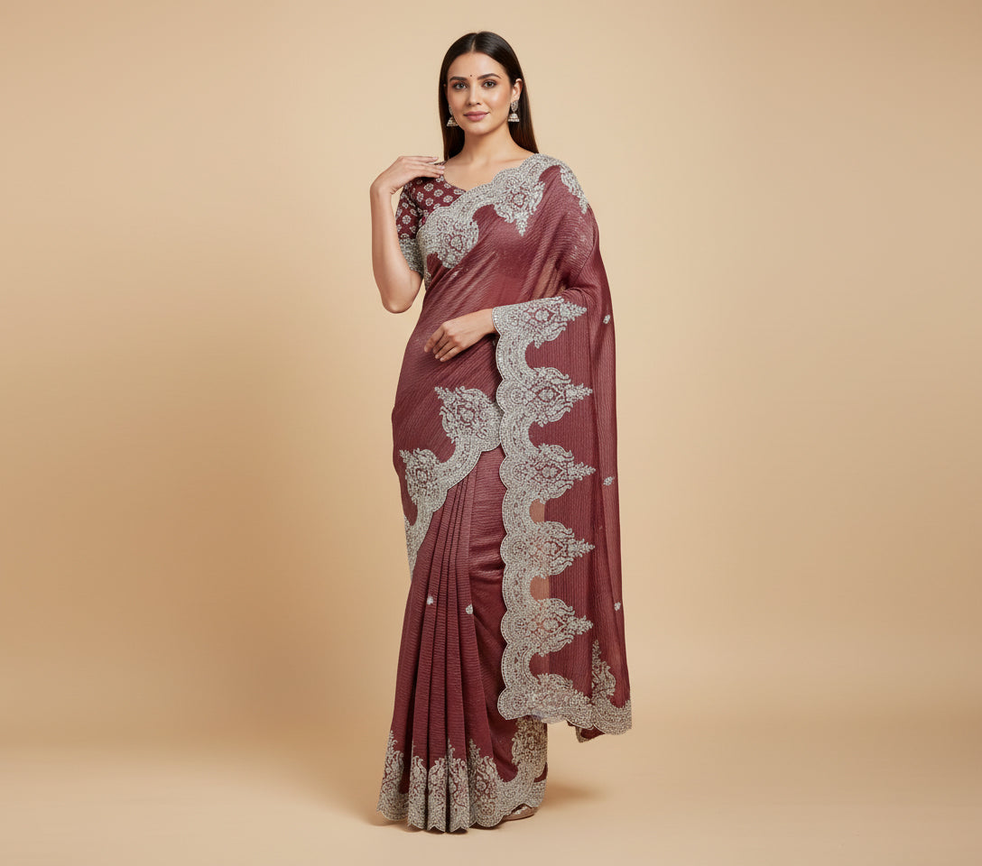 Onion Pink Muted Embroidered Saree