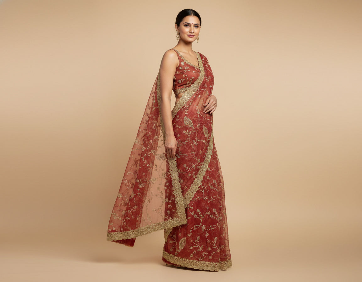 Onion Pink Rosy Embroidered Saree