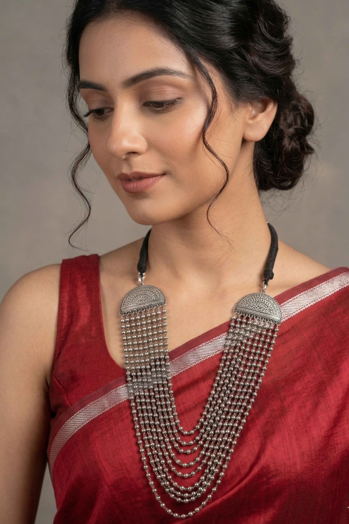 Multiple Layer German Silver Necklace with Beaded Chains