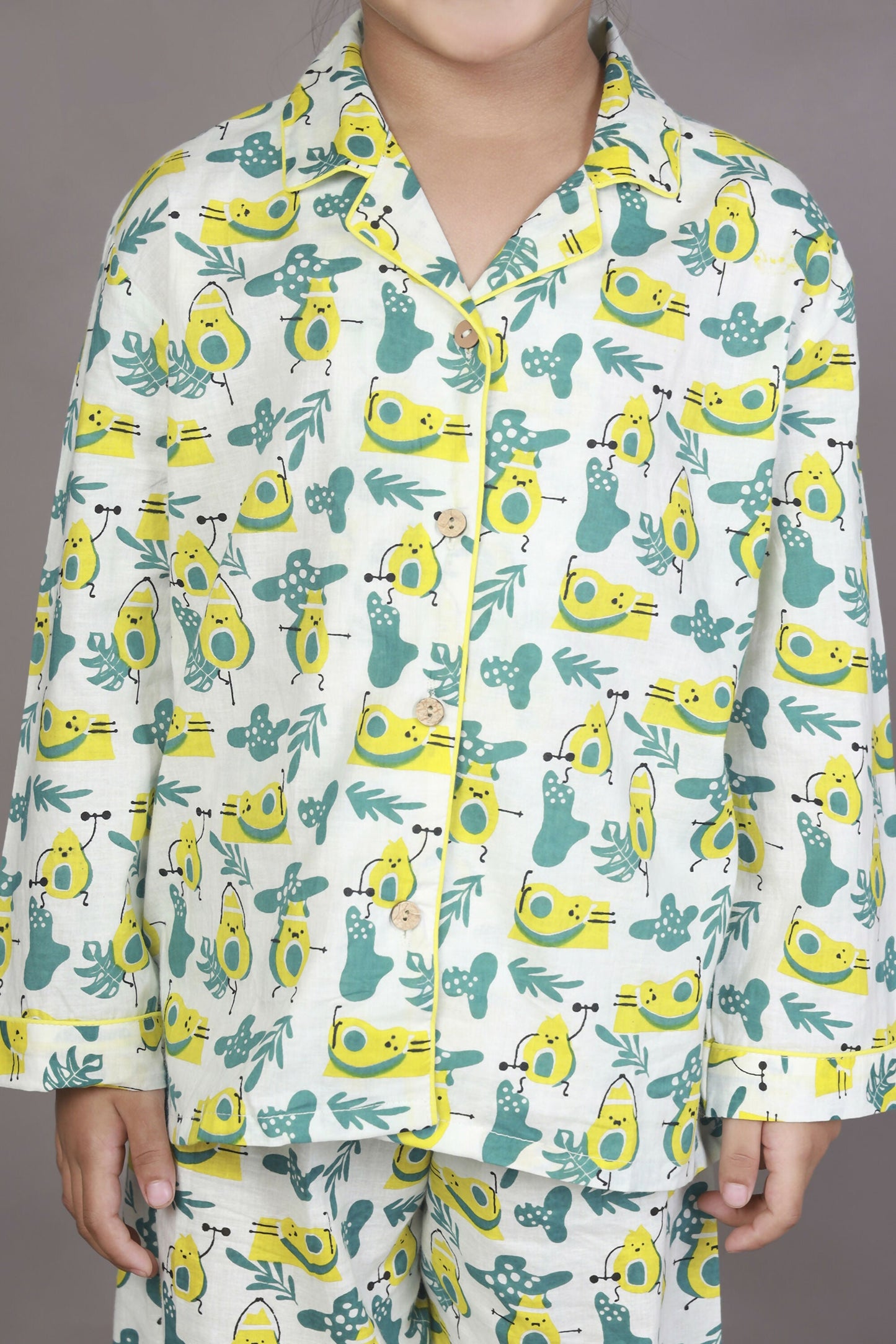 Breathables Kids Cotton Night Suit  White Avocado Print Shirt & Pyjama Co-Ord Set For Boys & Girls