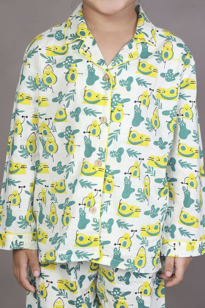 Breathables Kids Cotton Night Suit  White Avocado Print Shirt & Pyjama Co-Ord Set For Boys & Girls