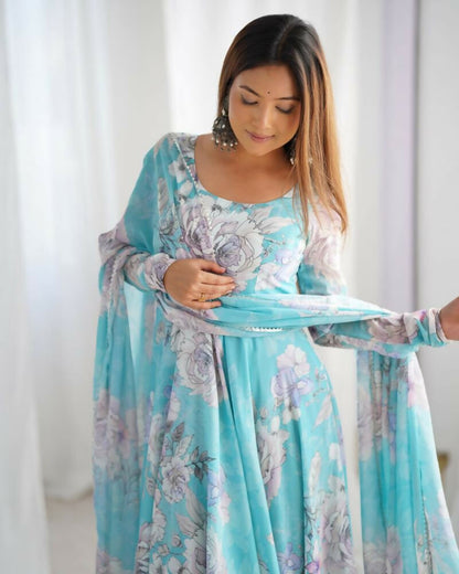 The52 Women's Gorgeous Printed Fox Georgette Fabric Flared Anarkali and Dupatta Set-Sky