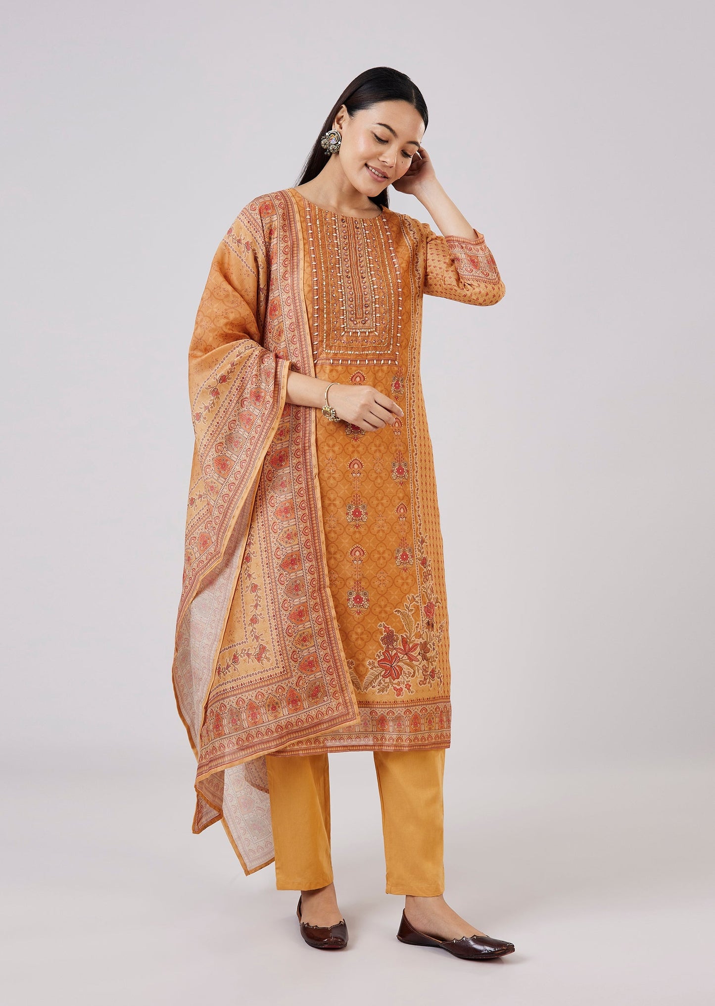 Orange Chanderi Kurta Set With Sequins Work