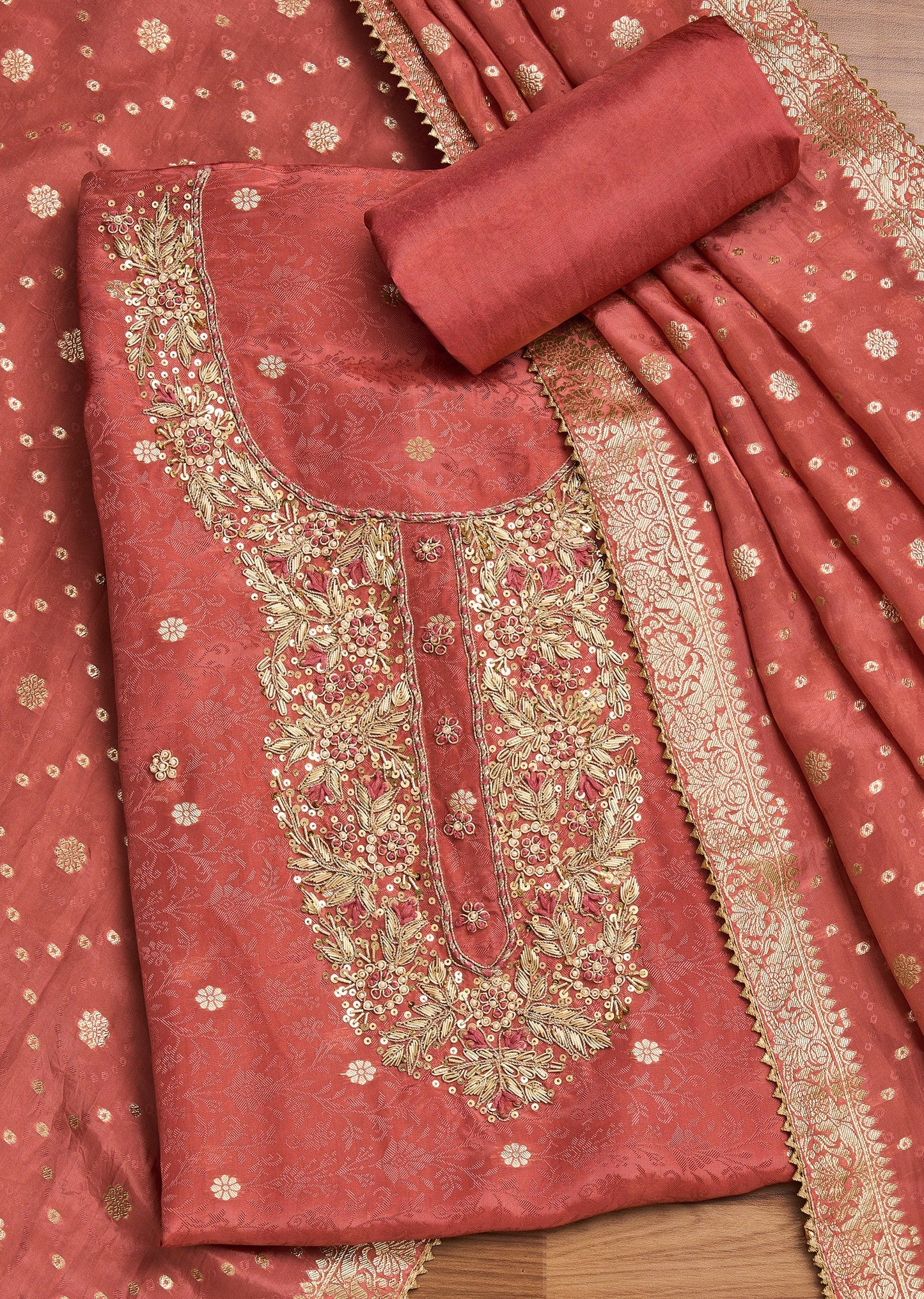 Orange Crepe Unstitched Suit With Dupatta and Bottom Fabric