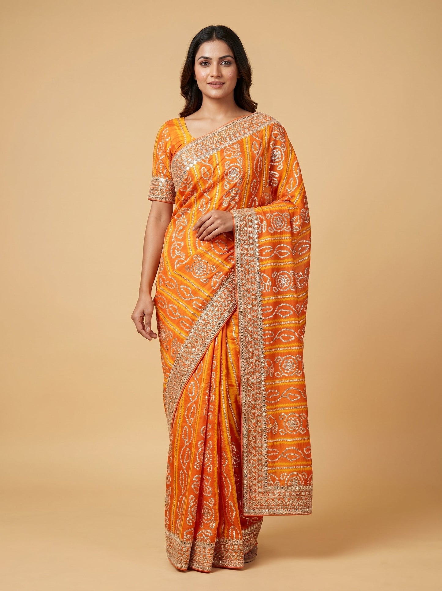 Orange Dynamic Bandhani Saree