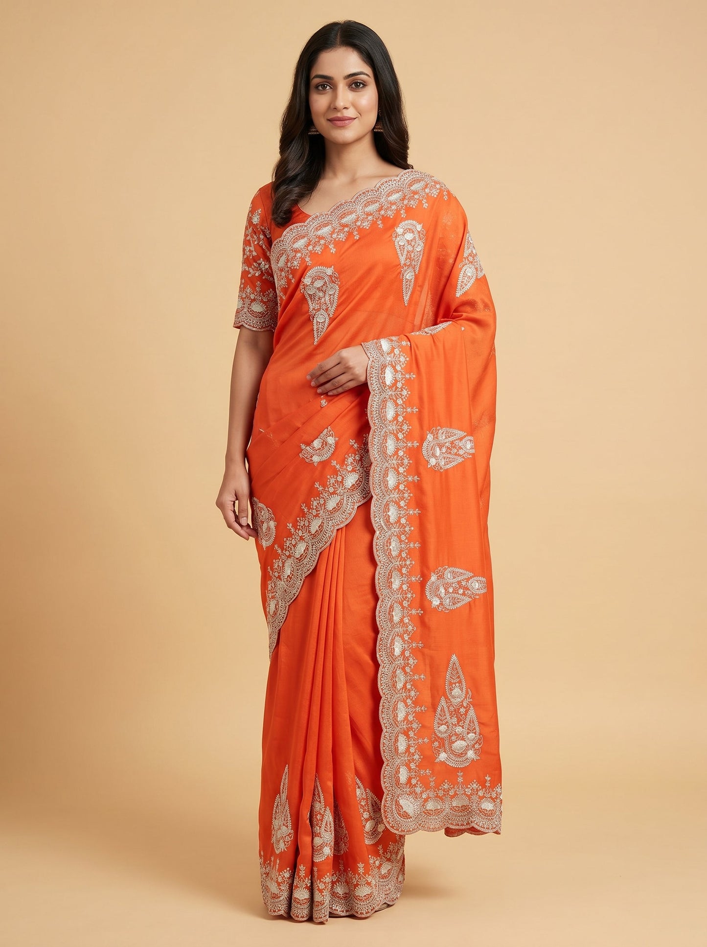 Orange embroidered saree with zari work