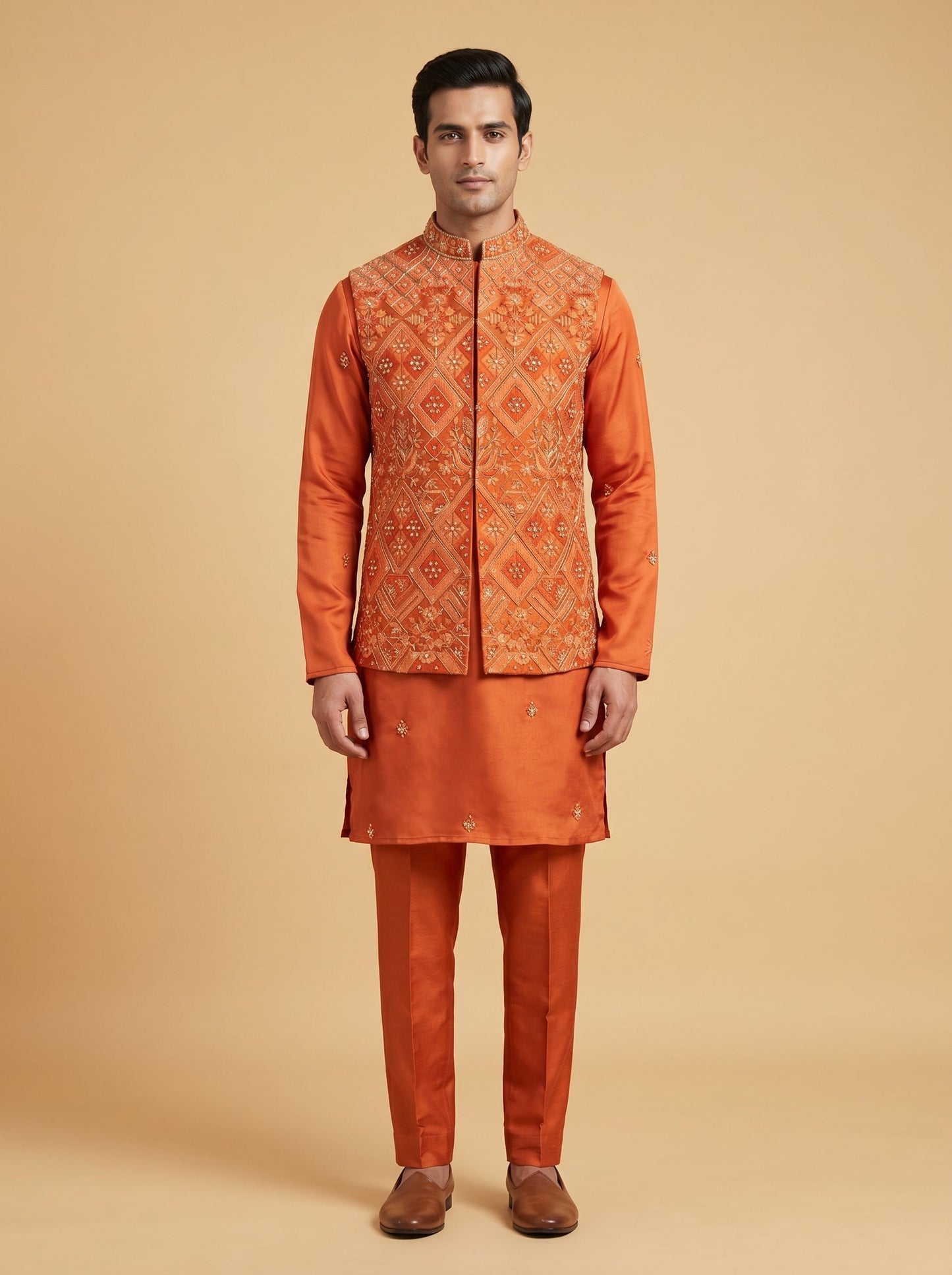 Orange Festive Jacket Kurta Set