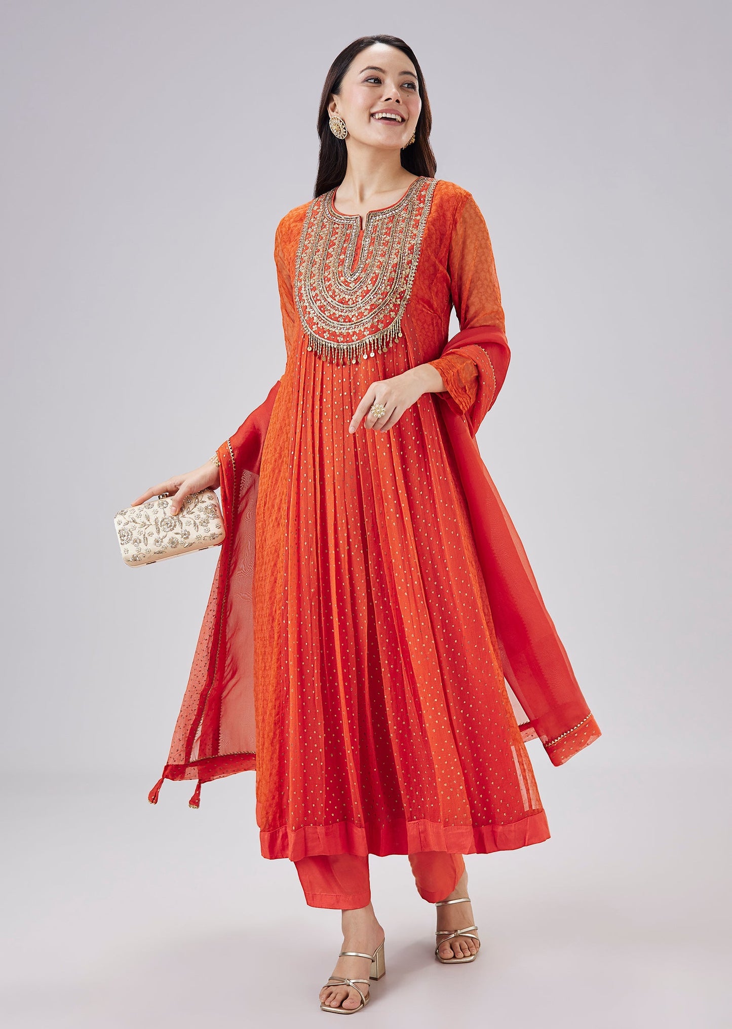 Orange Hand Block Printed Chiffon Anarkali Set With Dupatta