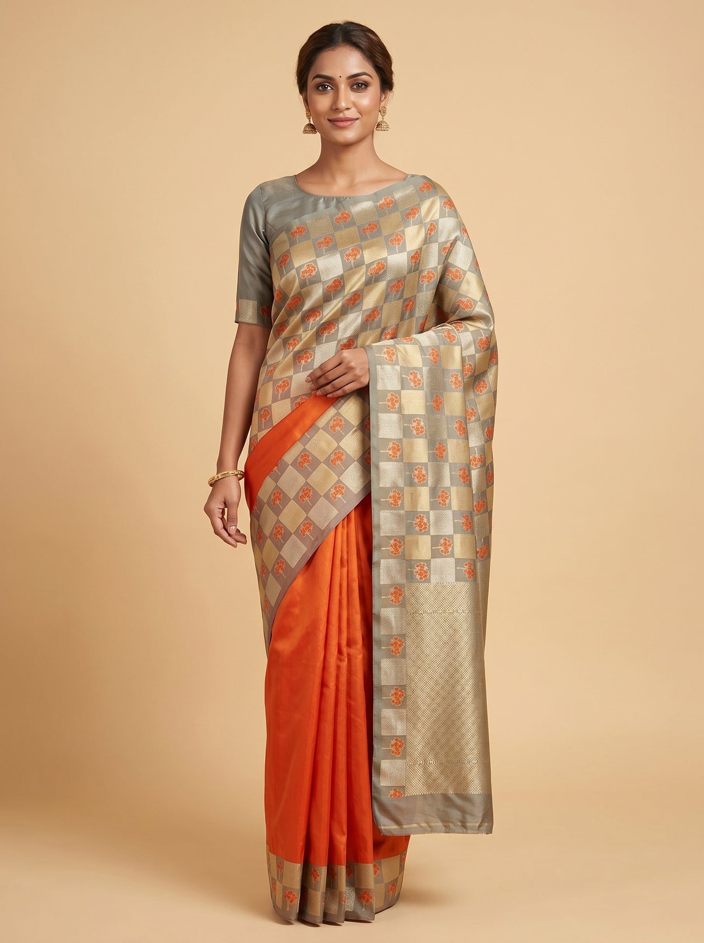 Orange Handloom Geometric Weave Saree