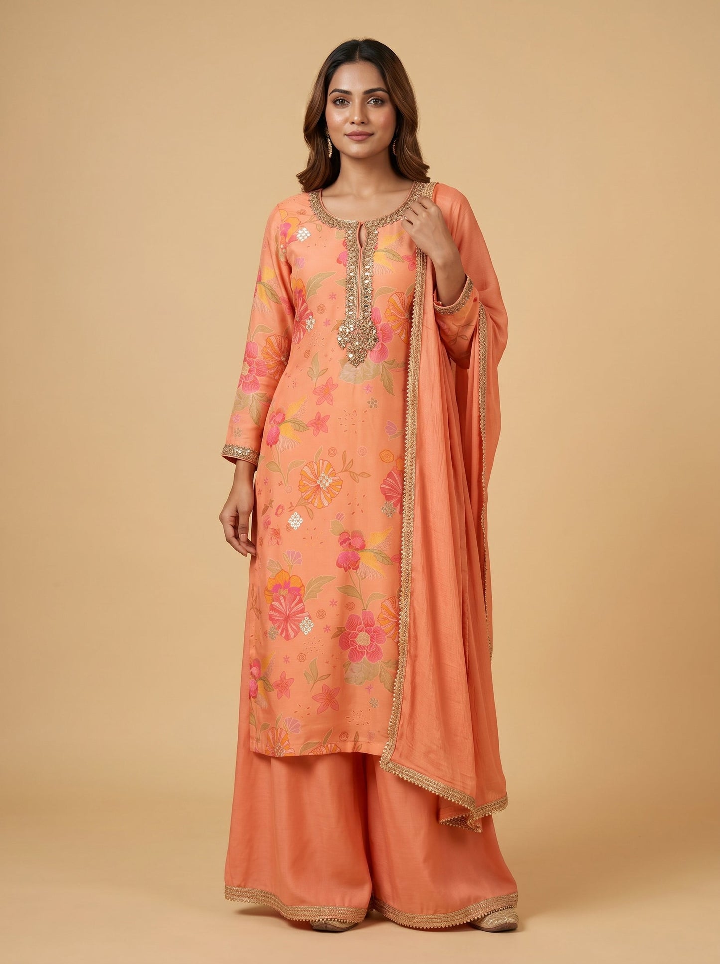 Orange Muslin Printed Palazzo Set