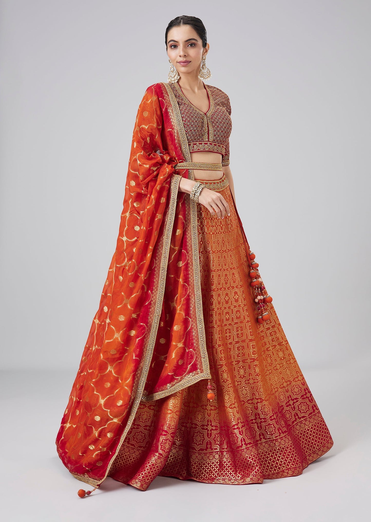 Orange Ombre Brocade Traditional Lehenga Set With Belt