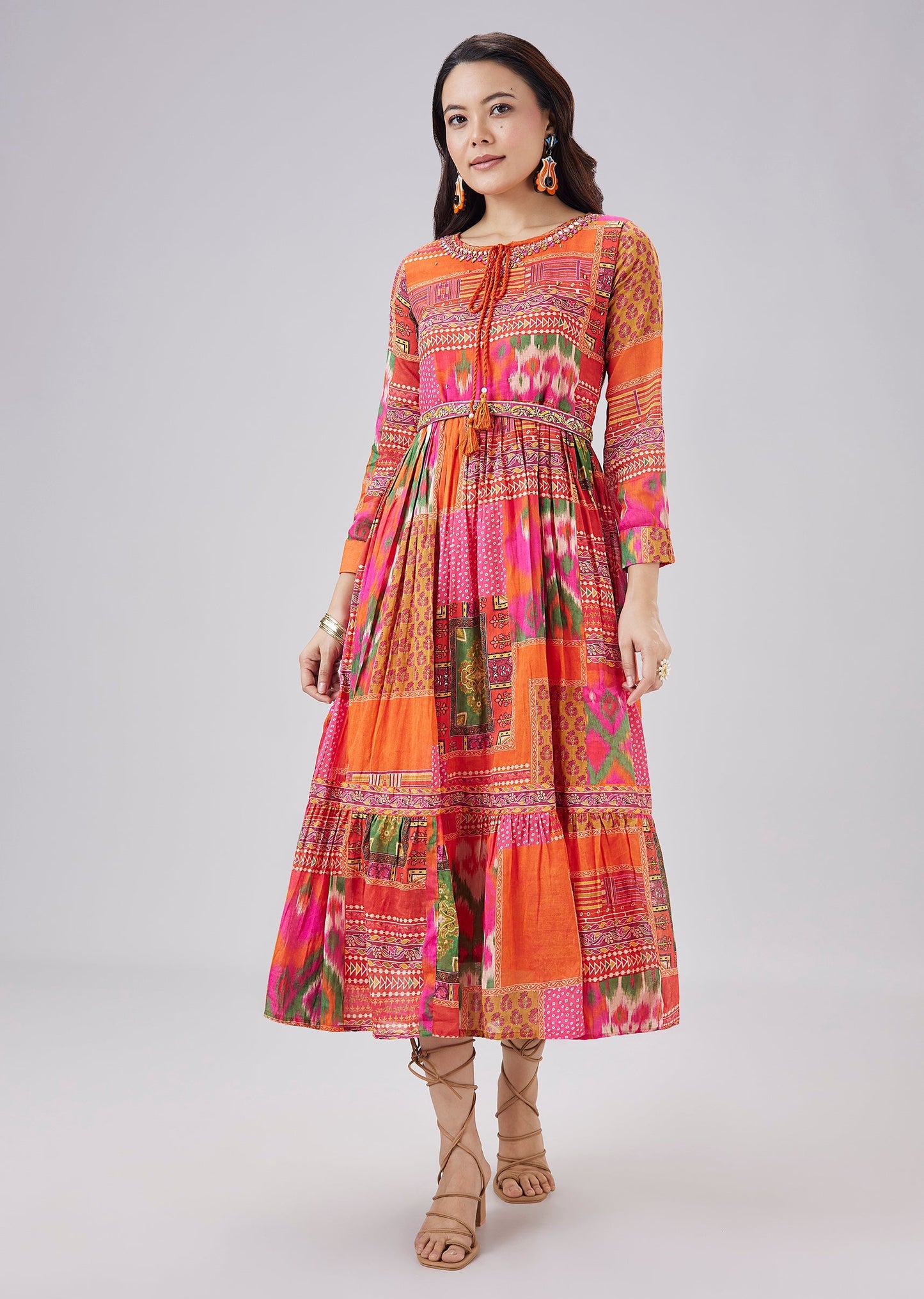 Orange Printed Cotton Dress With Belt