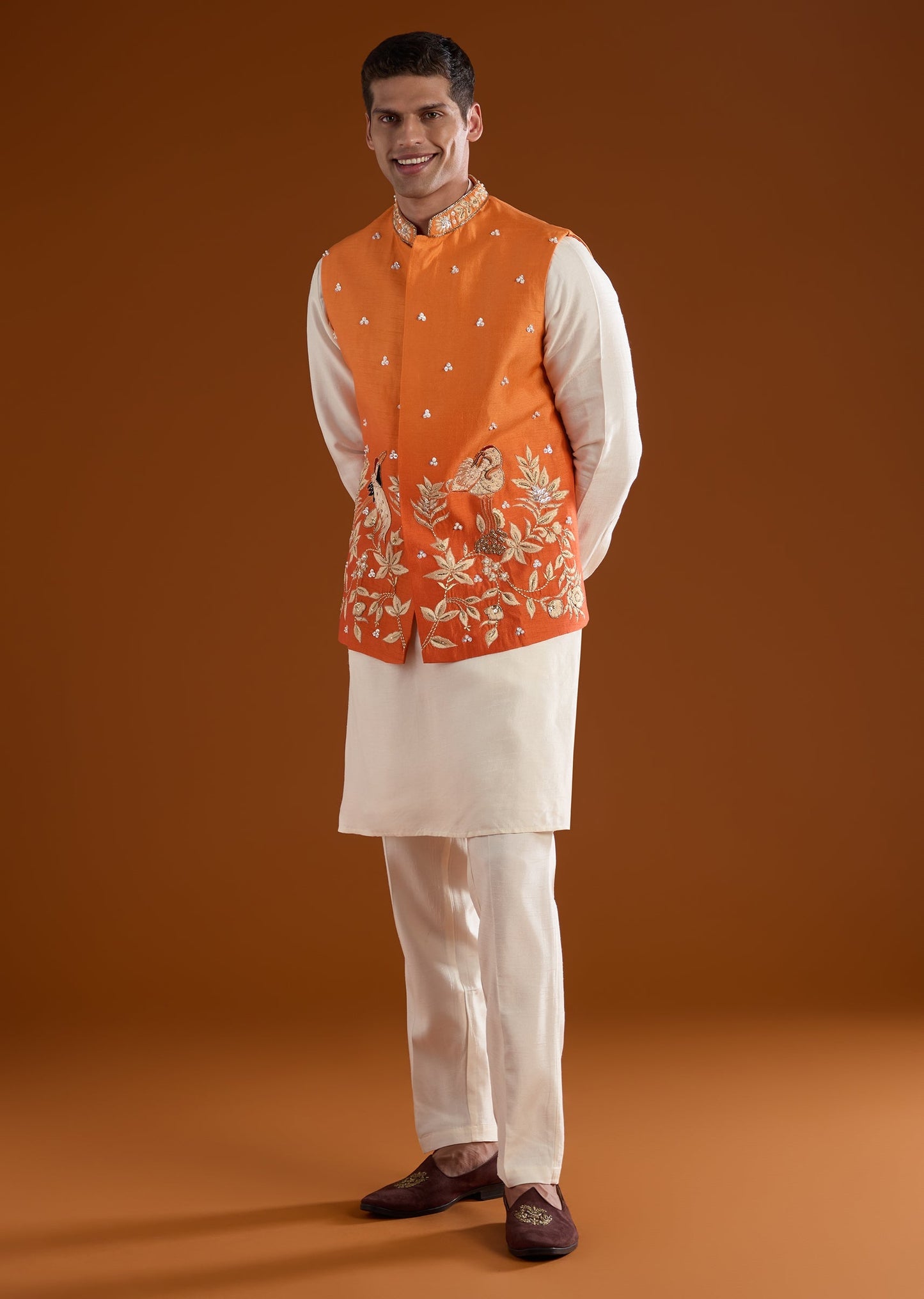 Orange Silk Mens Kurta Jacket Set With Thread And Zardosi Work