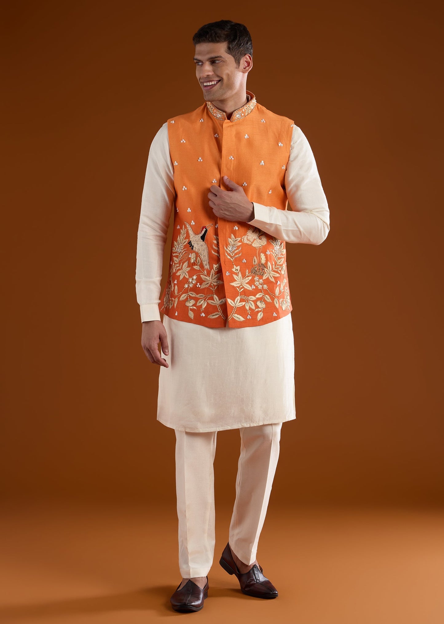 Orange Silk Mens Kurta Jacket Set With Thread Resham And Zardosi Work