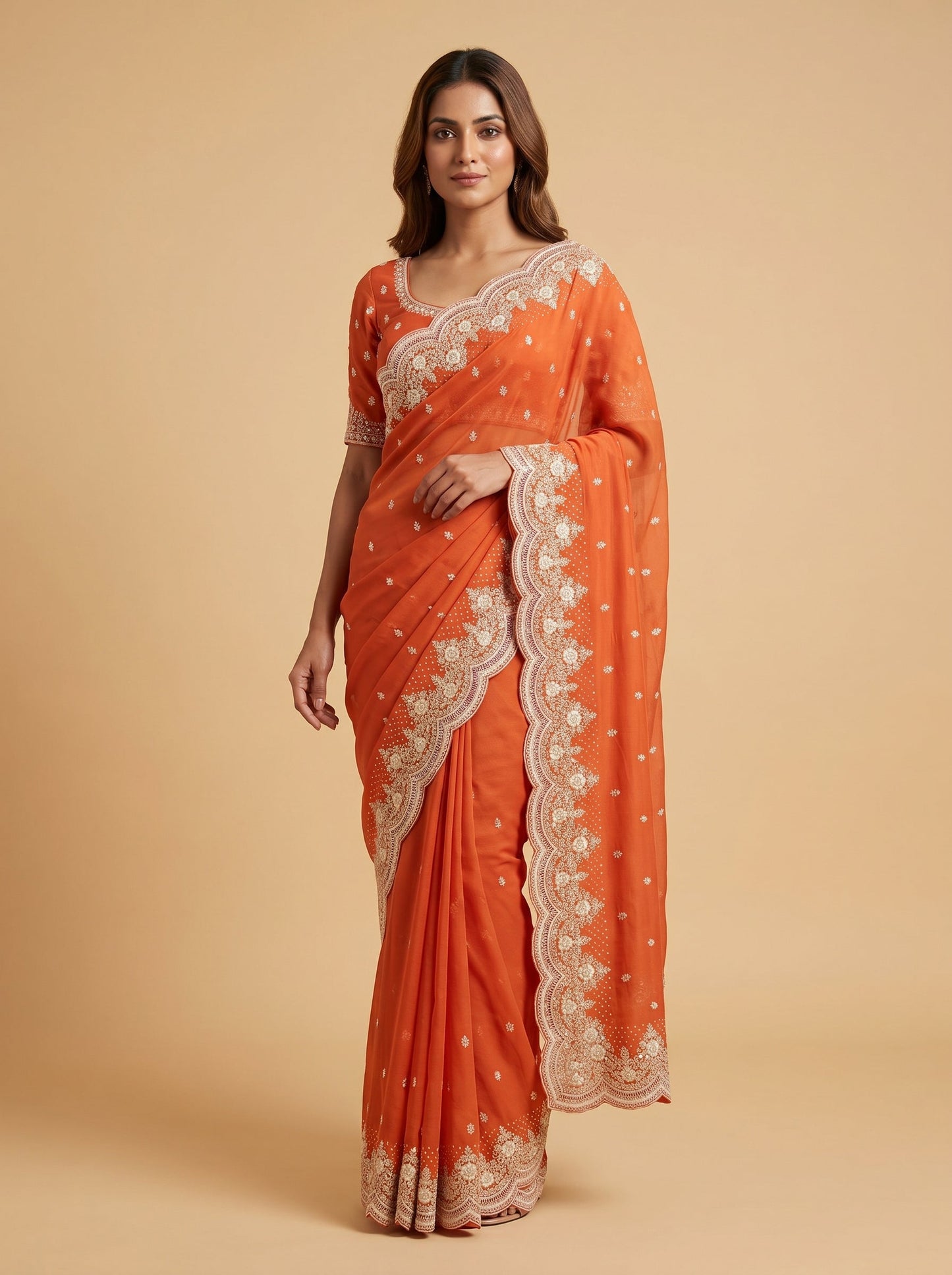 Orange Sunset Glow Embroidered Saree