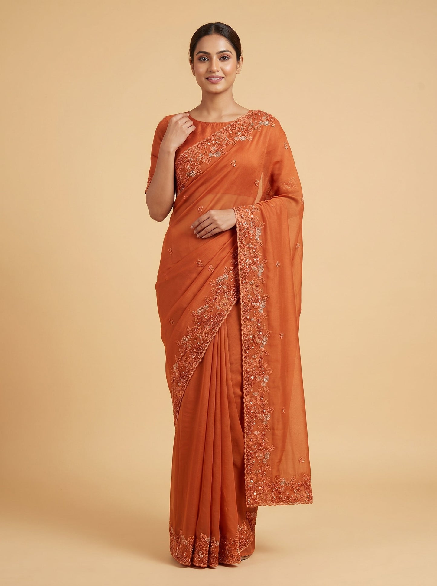 Orange Tangerine Burst Embroidered Saree