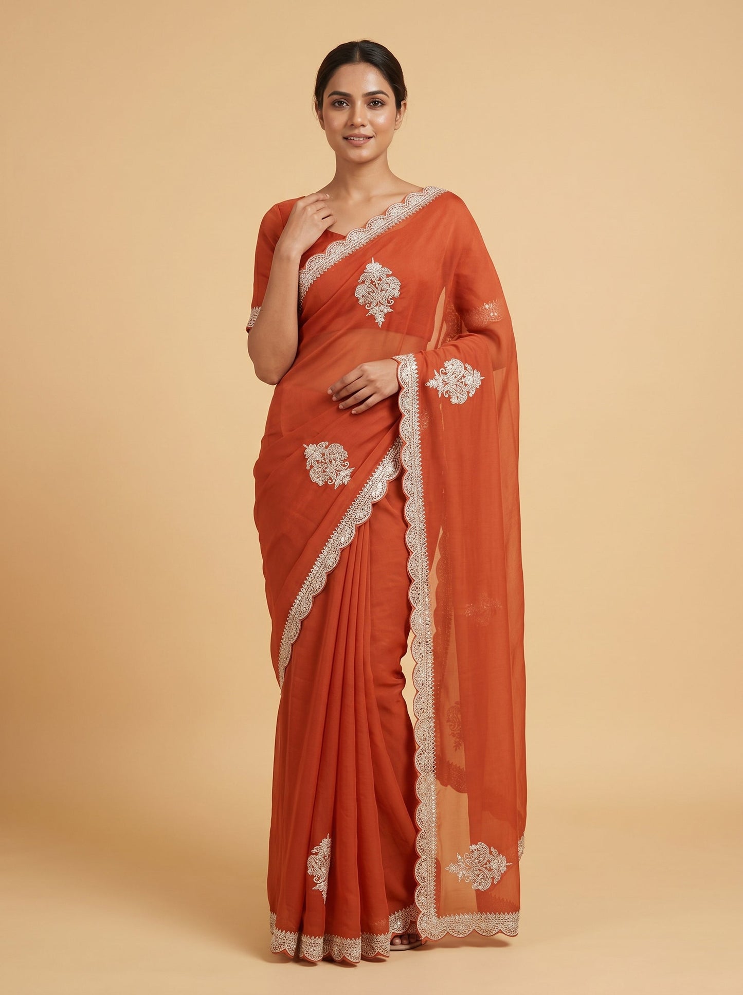 Orange Tangerine Pop Embroidered Saree