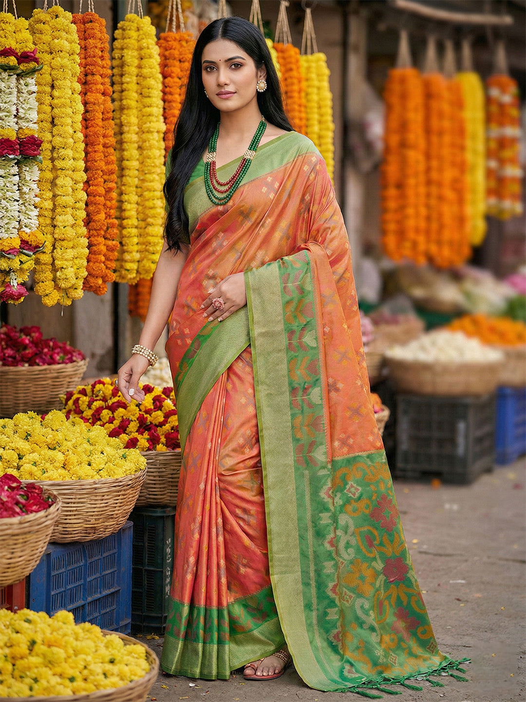 Anaita Orange Pochampally Silk Woven Saree With Blouse