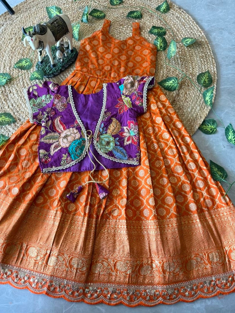 Evanik Festive Wear Orange Dola Silk zari and thread weaving Gown With Position Print Koti
