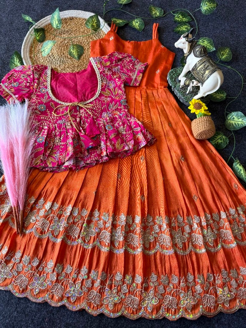 Evanik Designer Orange Tissue Silk Embroidered Work Gown With koti for Kids