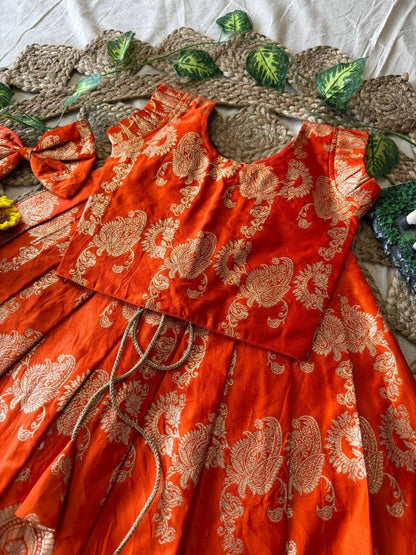Evanik Orange Banarasi Silk Kids Lehenga Choli Set with Zari Jacquard Work for Girls