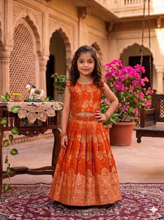 Evanik Orange Banarasi Silk Kids Lehenga Choli Set with Zari Jacquard Work for Girls