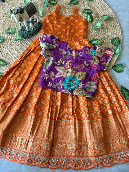 Evanik Festive Wear Orange Dola Silk zari and thread weaving Gown With Position Print Koti