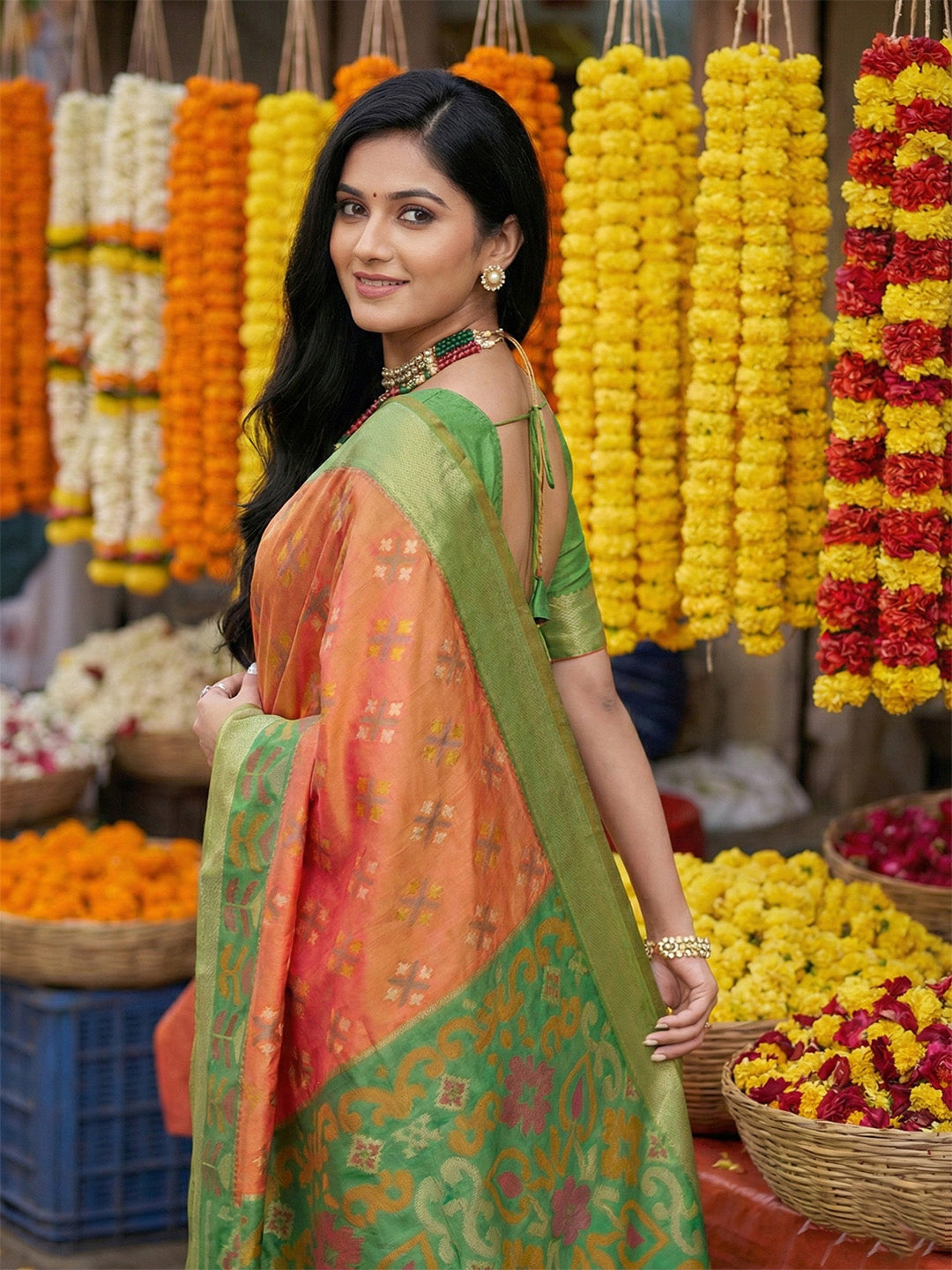 Anaita Orange Pochampally Silk Woven Saree With Blouse
