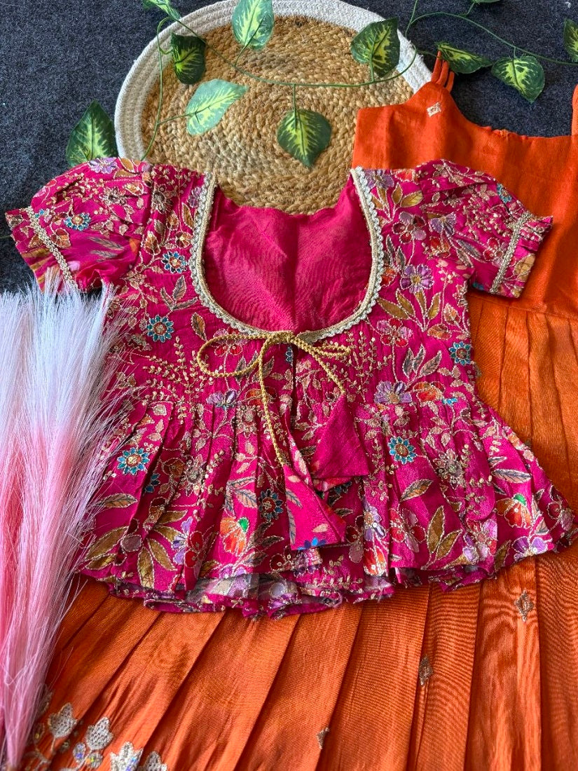Evanik Designer Orange Tissue Silk Embroidered Work Gown With koti for Kids