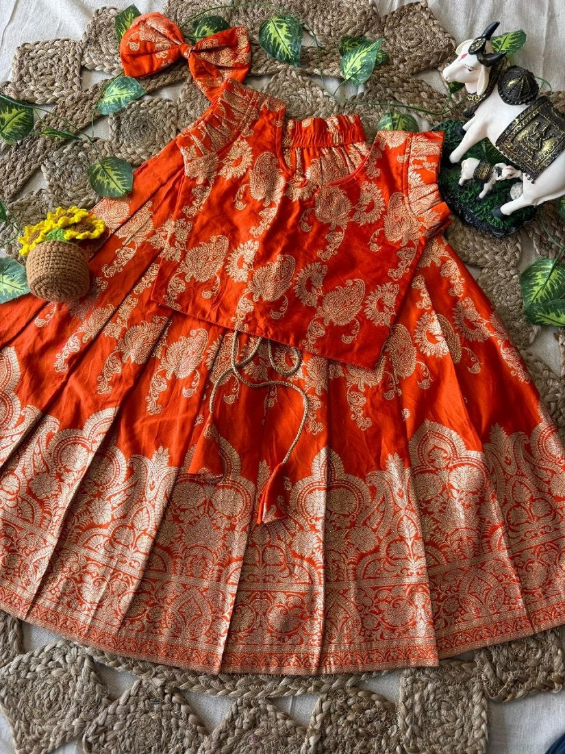 Evanik Orange Banarasi Silk Kids Lehenga Choli Set with Zari Jacquard Work for Girls
