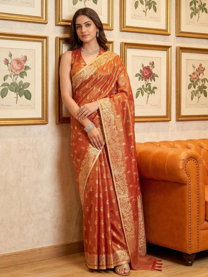 Anaita Orange Woven Tissue Silk Saree With Blouse