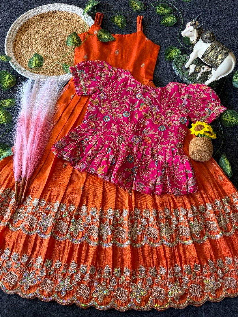 Evanik Designer Orange Tissue Silk Embroidered Work Gown With koti for Kids