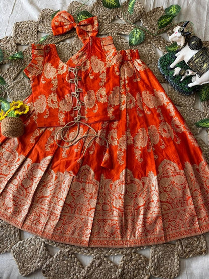 Evanik Orange Banarasi Silk Kids Lehenga Choli Set with Zari Jacquard Work for Girls