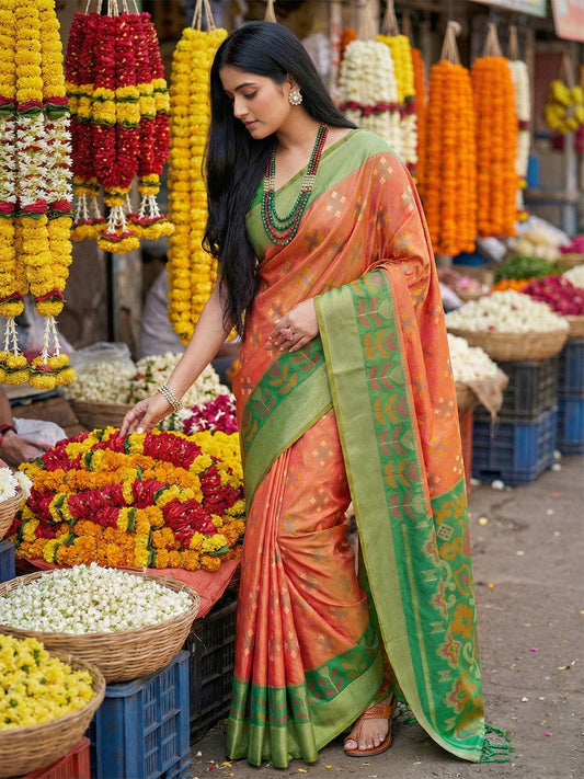 Anaita Orange Pochampally Silk Woven Saree With Blouse