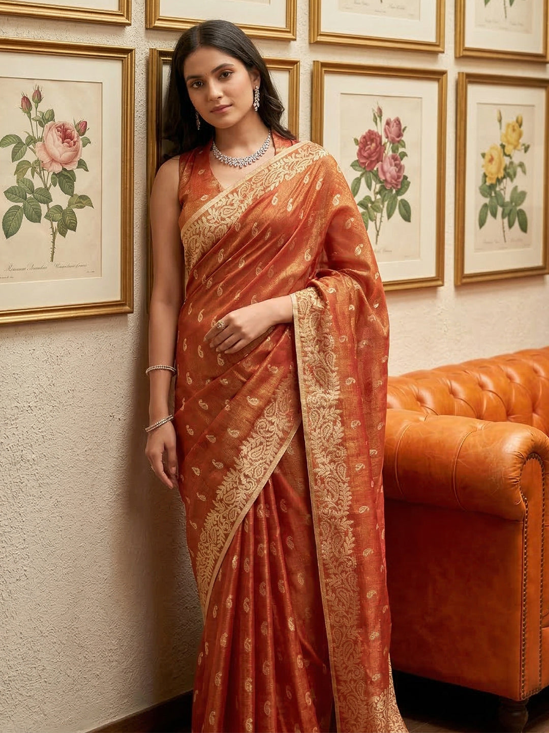 Anaita Orange Woven Tissue Silk Saree With Blouse