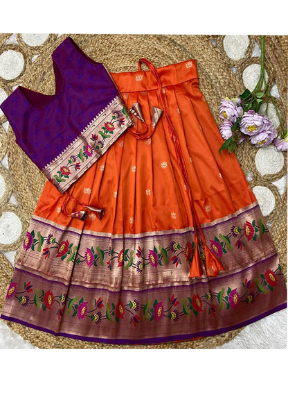 Evanik Orange Kids Paithani Silk Lotus Pattern Lehenga Choli