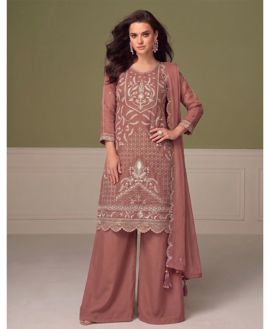 KC Beautiful Peach Chiffon Silk Hand Embroidery Suit For Women