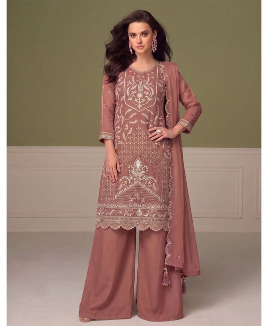 KC Beautiful Peach Chiffon Silk Hand Embroidery Suit For Women