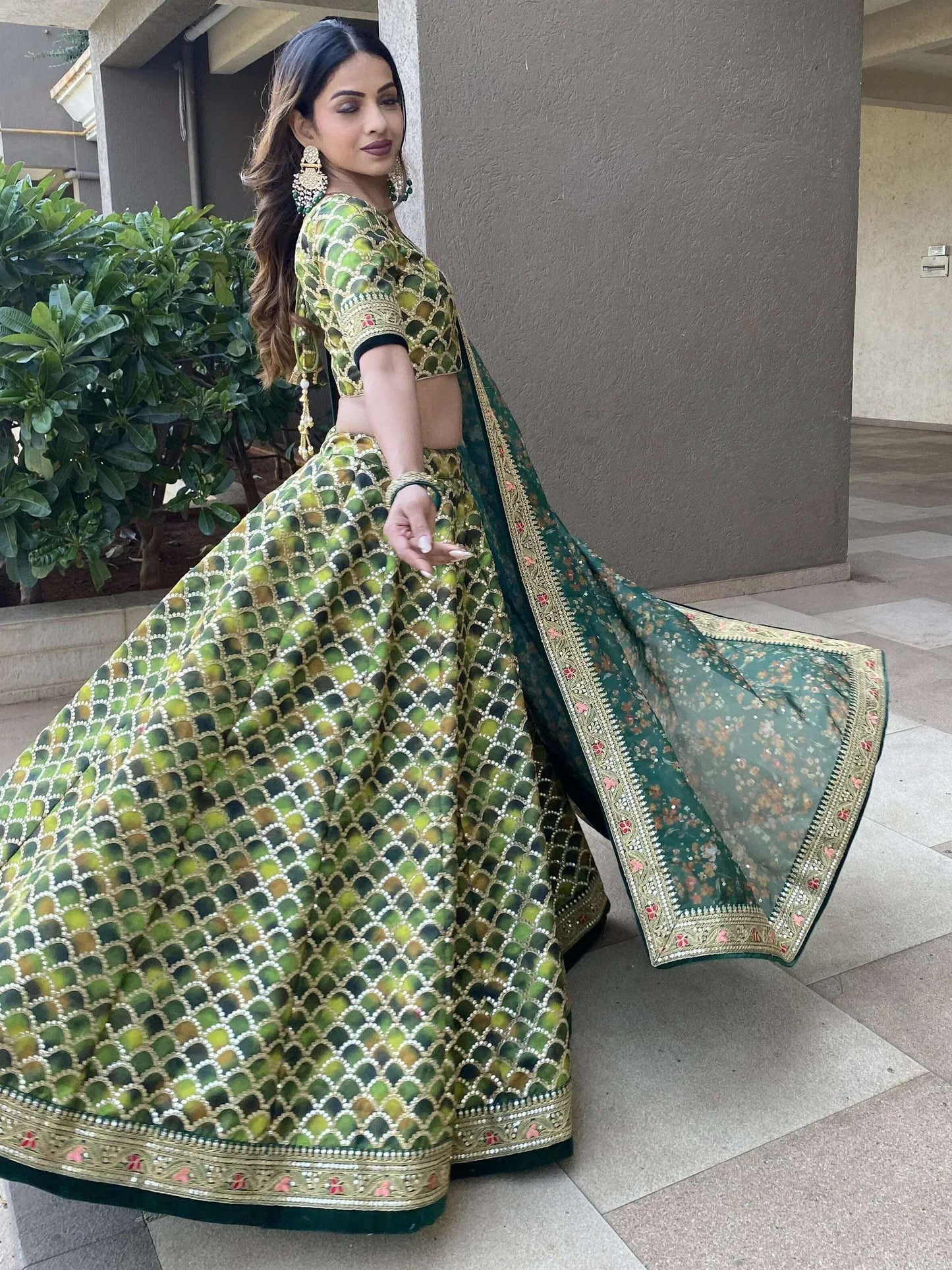Tulsi Art Outstanding Green Sequins Art Silk Sangeet Wear Lehenga Choli