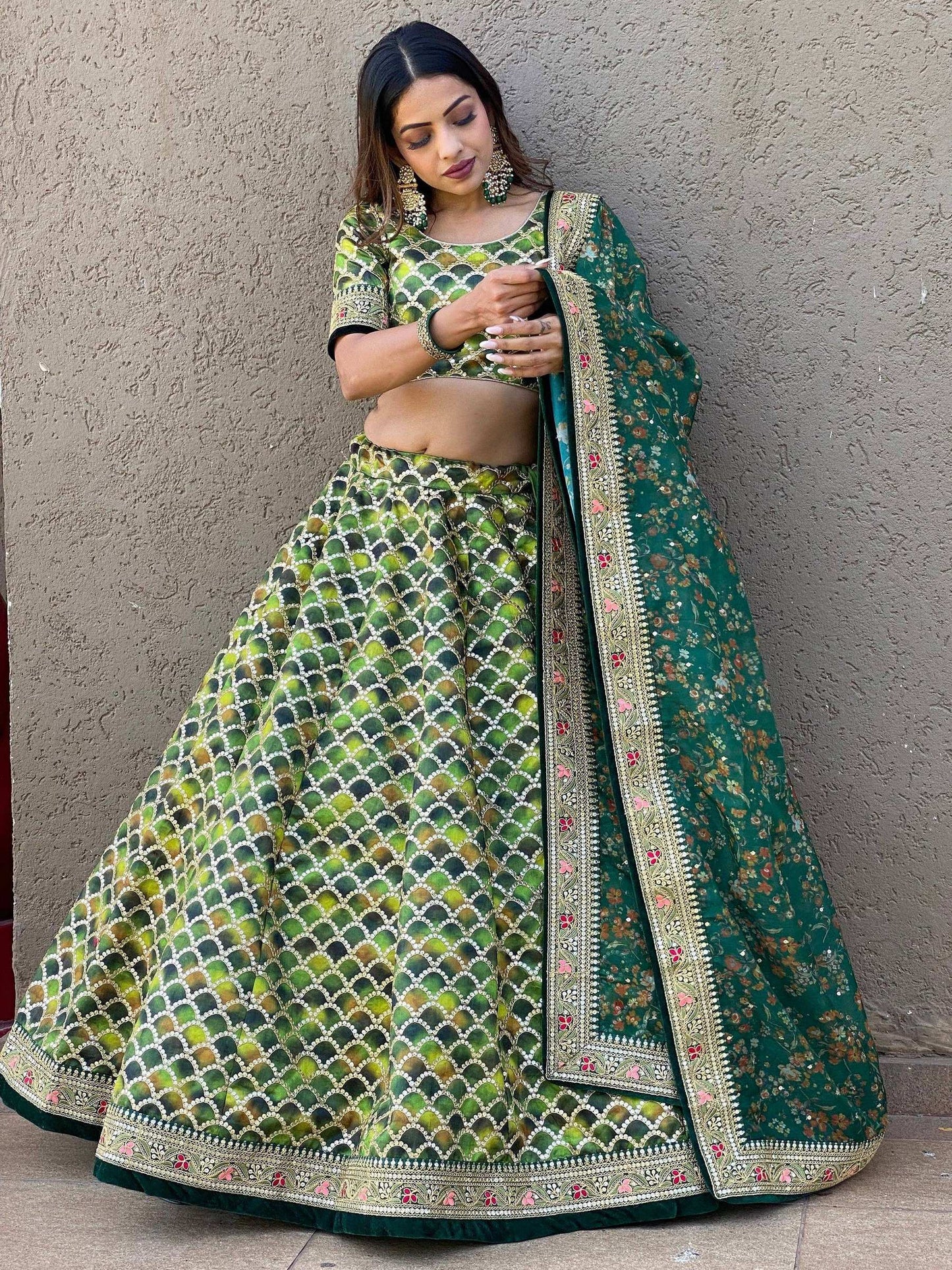 Tulsi Art Outstanding Green Sequins Art Silk Sangeet Wear Lehenga Choli