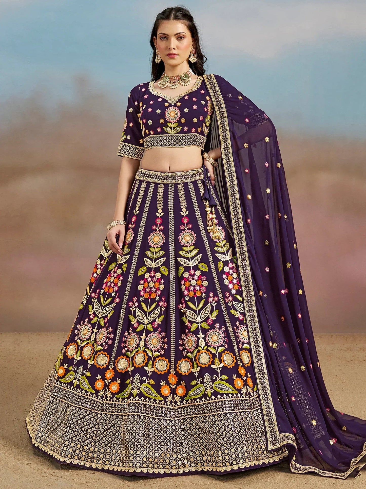 Tulsi Art Outstanding Purple Floral Embroidery Georgette Bridesmaid Lehenga Choli
