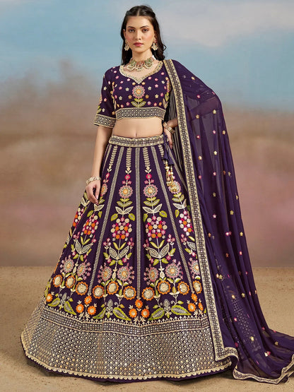 Tulsi Art Outstanding Purple Floral Embroidery Georgette Bridesmaid Lehenga Choli
