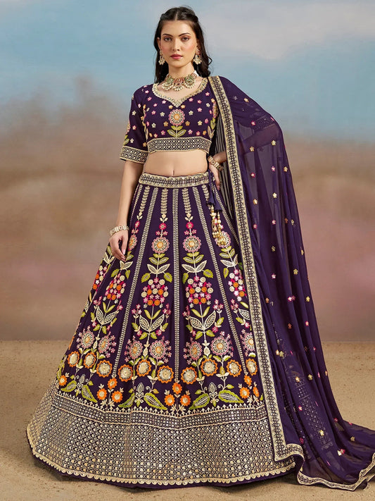 Tulsi Art Outstanding Purple Floral Embroidery Georgette Bridesmaid Lehenga Choli