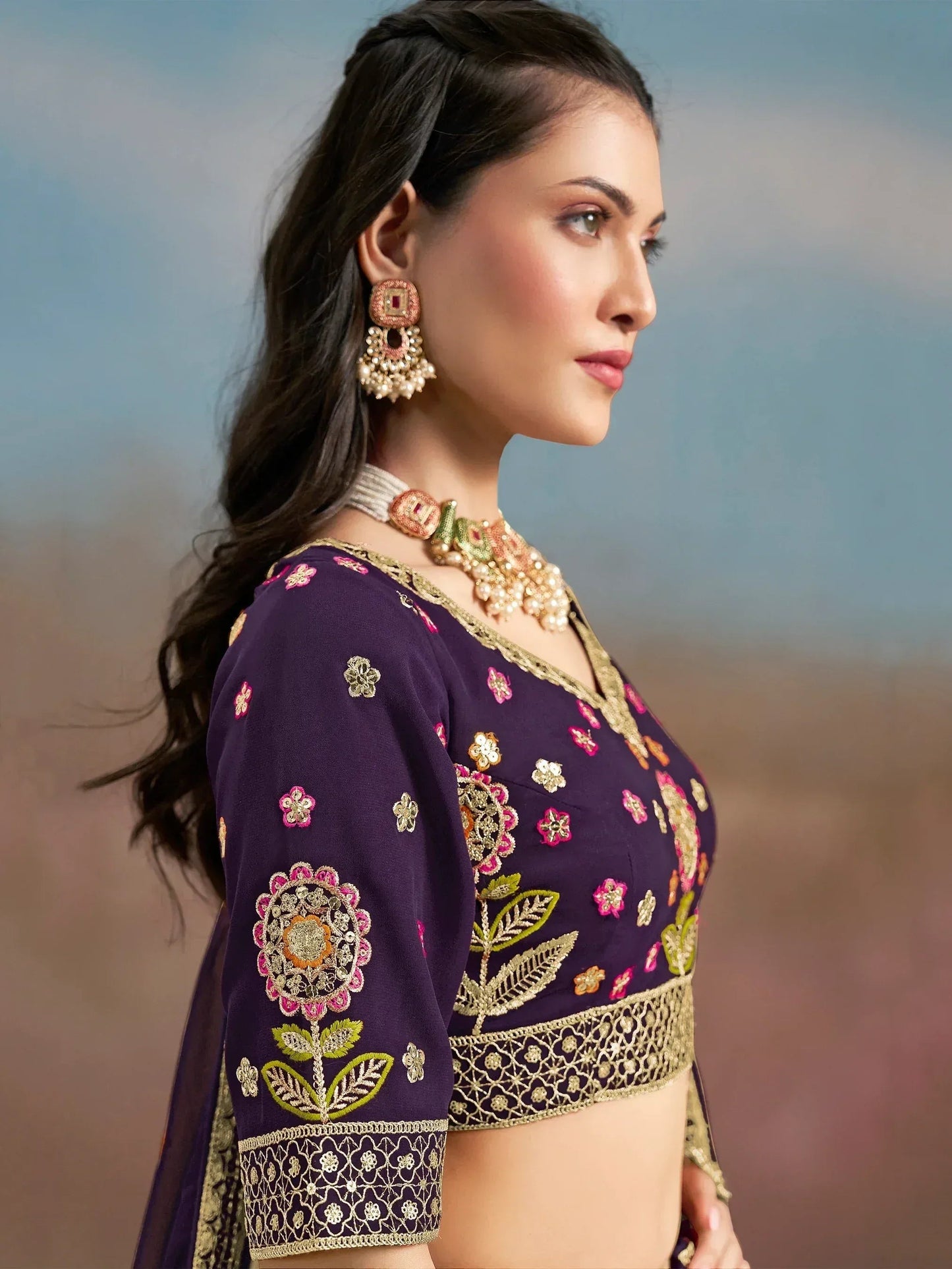 Tulsi Art Outstanding Purple Floral Embroidery Georgette Bridesmaid Lehenga Choli