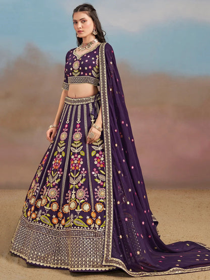 Tulsi Art Outstanding Purple Floral Embroidery Georgette Bridesmaid Lehenga Choli