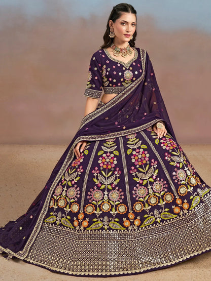Tulsi Art Outstanding Purple Floral Embroidery Georgette Bridesmaid Lehenga Choli
