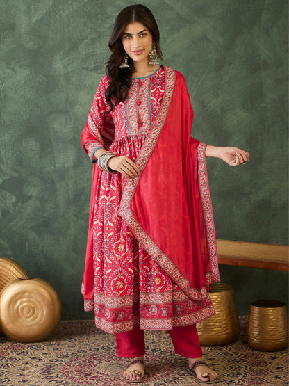 The52 Women's Beautiful Printed Work Rayon Fabric Flared Kurta Pant and Dupatta Set-Red